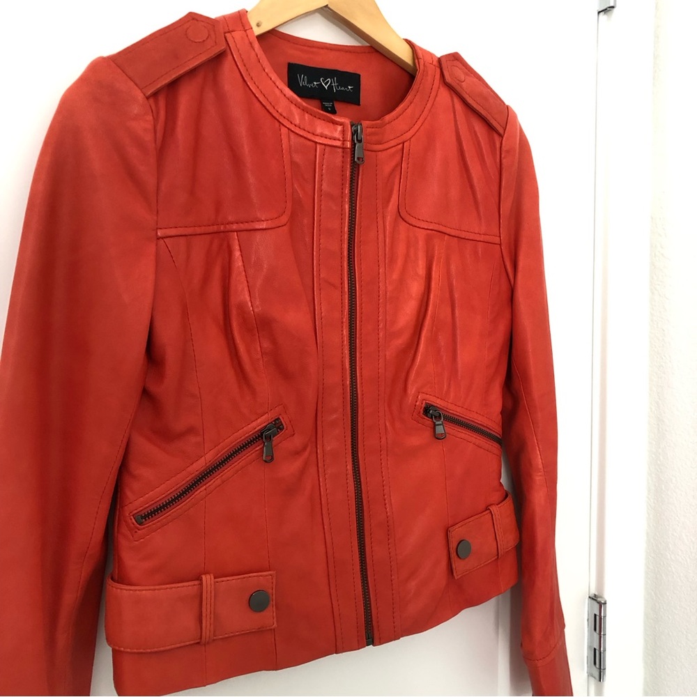 Velvet Heart Leather Jacket Womens Orange Red Collarless Zip Up Size S - Picture 8 of 8